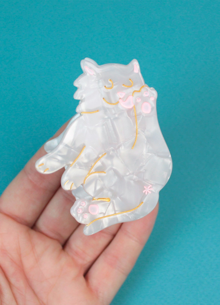 白貓舔毛造型髮抓